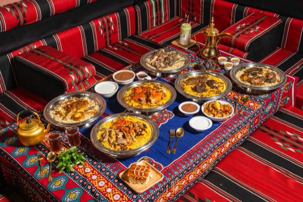 Overhead view of a full Yemeni spread